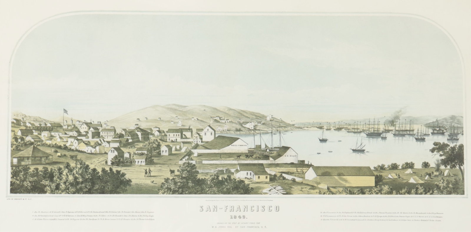 San Francisco 1849 by Henry Firks: San Francisco, 1849 by Henry Firks (AM, 19th C) Lithograph in color drawn on the spot by Henry Firks for W. H. Jones, esq of San Francisco. Lithographed by Endicott & Co, NY 1849 Frame - 15" H x 27"