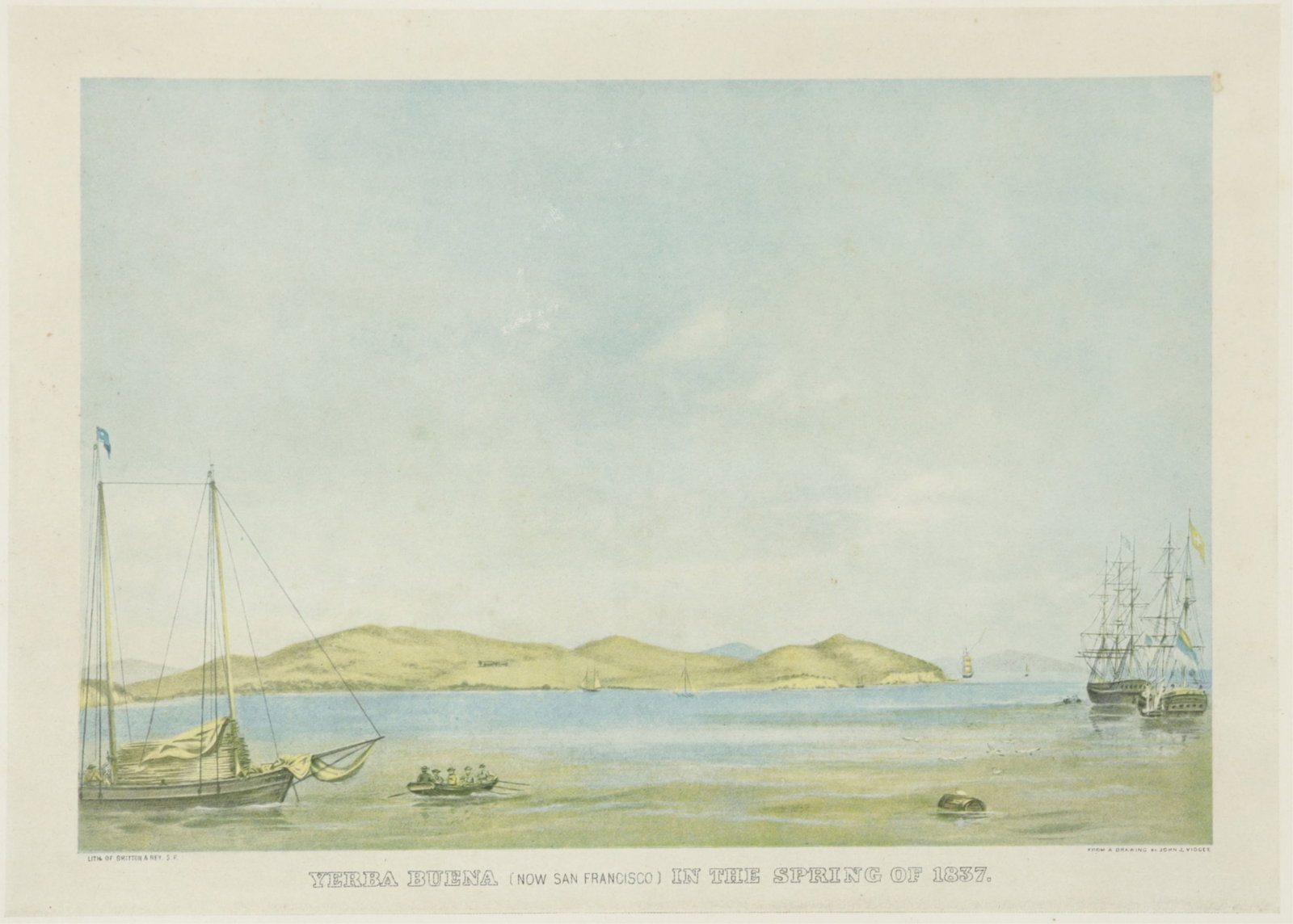 Yerba Buena (now San Francisco) 1837: Yerba Buena (now San Francisco) in the Spring of 1837 from a drawing by John J. Vioget. toned lithograph by Britton + Rey, San Francisco Frame - 13" H x 15" W Plate - 7.25" H x 9.75" W