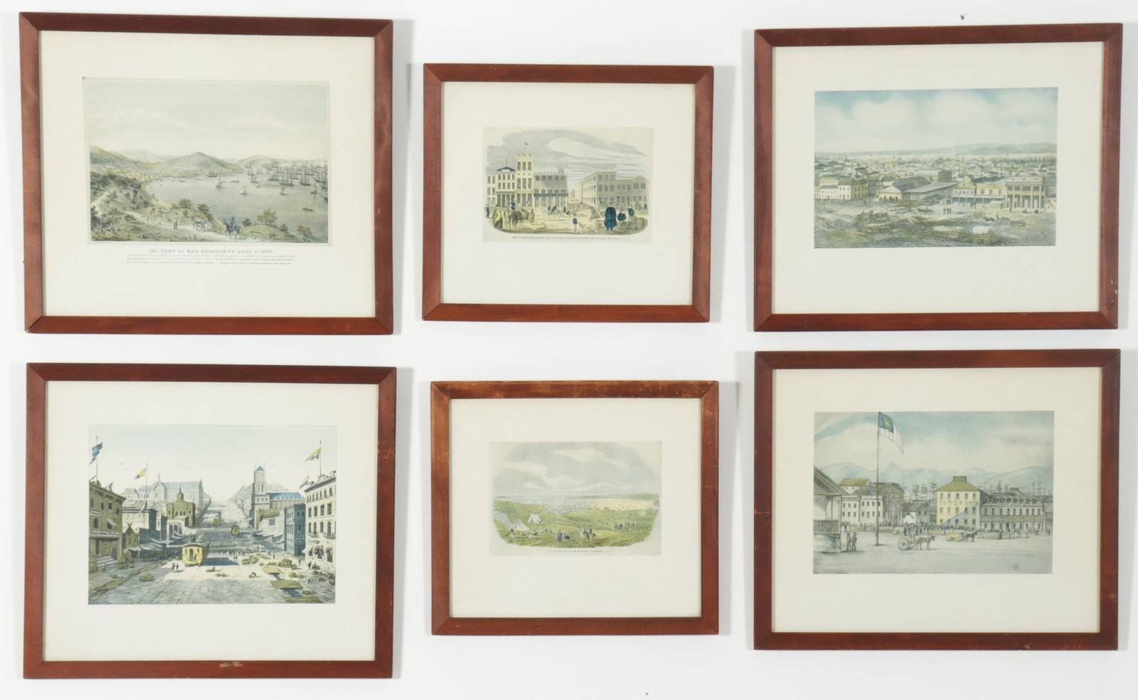 Group of Six 19th C San Francisco Lithographs: Six 19th C Lithographs, comprising of scene from San Francisco. Framed identically. Detailed inscriptions on verso. The Port of San Francisco June 1 1849, Geo H baker Lith S. F. A Fantastic View of