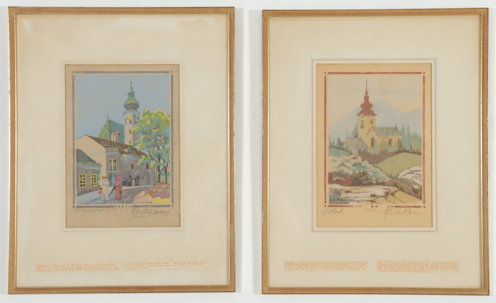 John P. Turner - Two Austrian Woodblocks: John P. Turner (American, 20th C). A pair of framed color woodblocks depicting Austrian villages. Comprising: "Villach" and "Grinzing", each signed lower right, titled and numbered 40 and 41 of 50 in