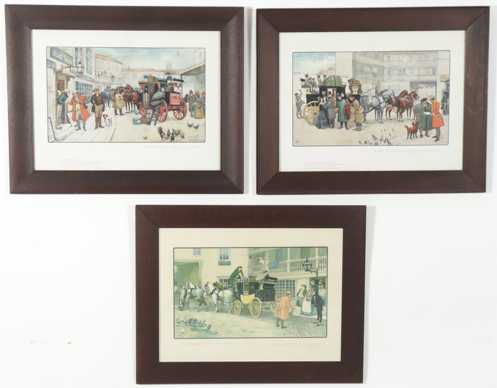 Albert Ludovici Jr. - Three Prints: Albert Ludovici Jr (1852-1932) Three colored prints, framed identically. Nicholas Nickleby Departure for Dortheboys Hall 1909. David Copperfield Arrives In London. David Copperfield On His Way To