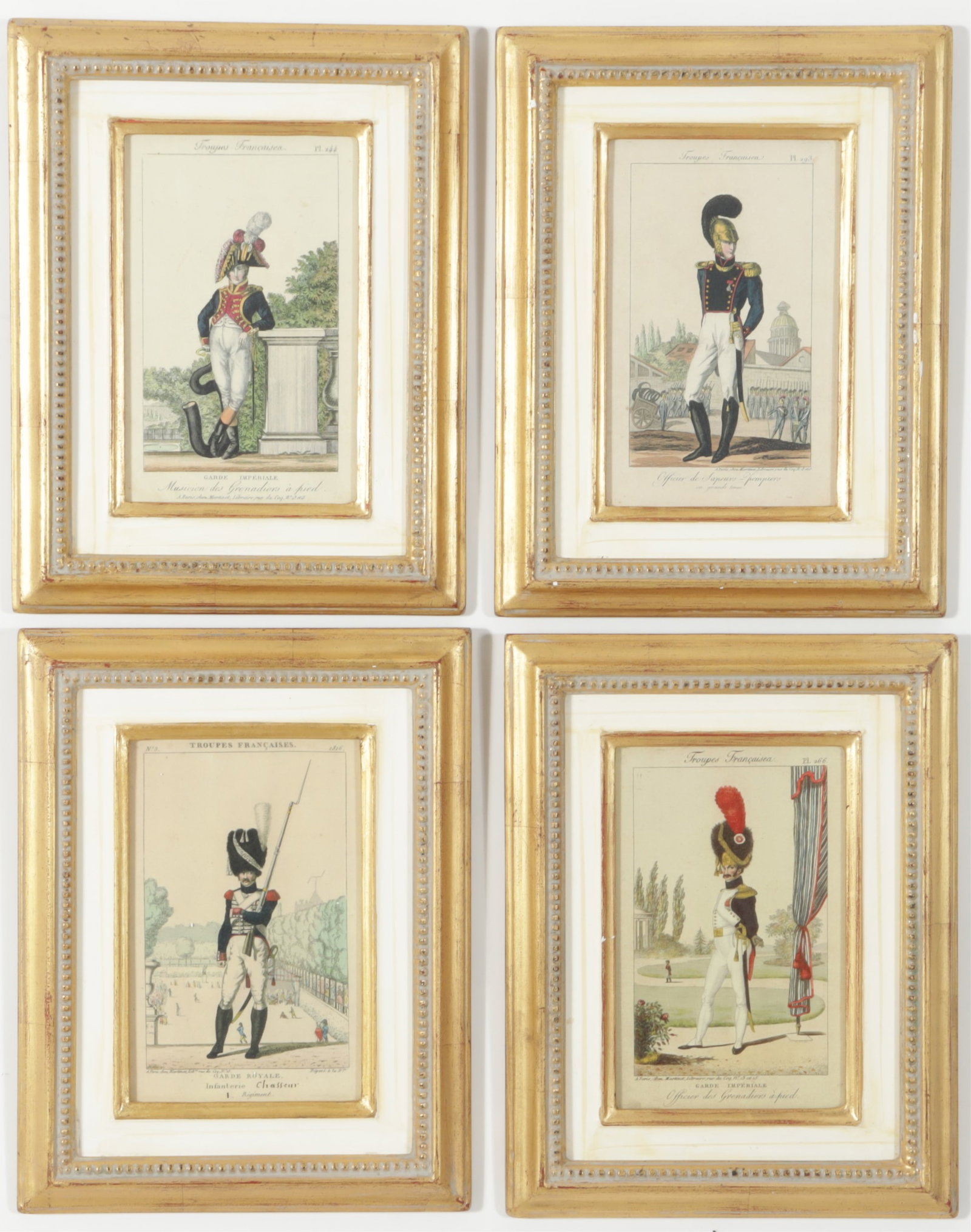Four French Military Prints, 19th C.: A group of four French military theme colored prints, 19th C., Troupes Francaises, possibly bookplates. Nicely framed and matted. Framed 13.5" H x 10.5" W