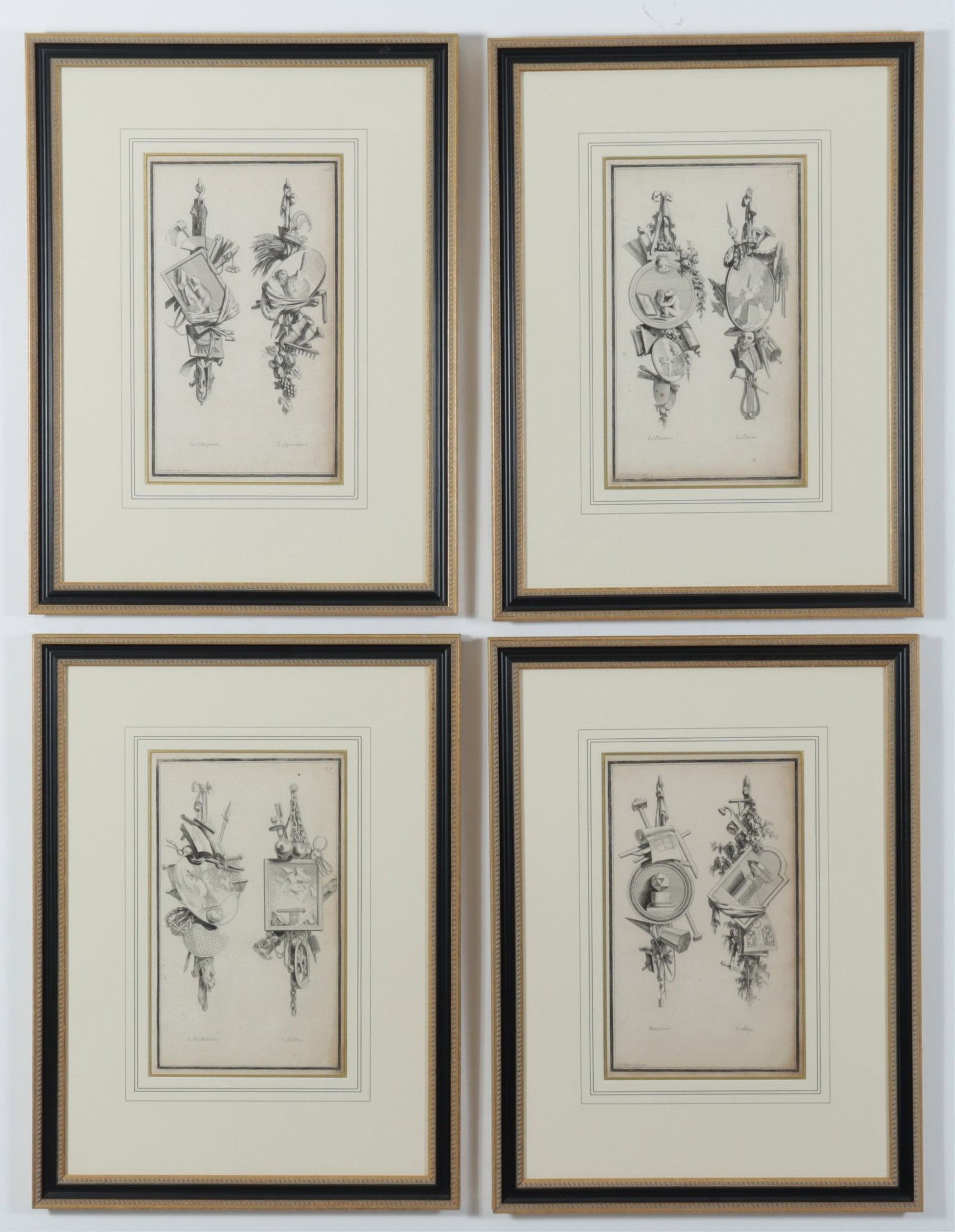 Jean-Charles Delafosse Engravings: Four 19th C Engravings by Jean-Charles Delafosse (French, 1734-1789). Featuring plates 92, 98, 106, 107 from Nouvelle Iconologie Historique 1768. Framed identically, set behind plexiglass. Frames -