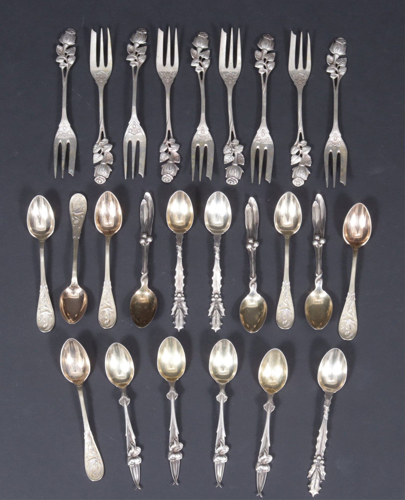 Tiffany & Others Sterling Silver Demitasse Spoons: Group of 25 sterling silver demitasse spoons & cocktail forks, demitasse spoons include six Tiffany & Company Japanese .925 sterling silver; four Art Nouveau Lily by Charles Osborne by Whiting Manufac