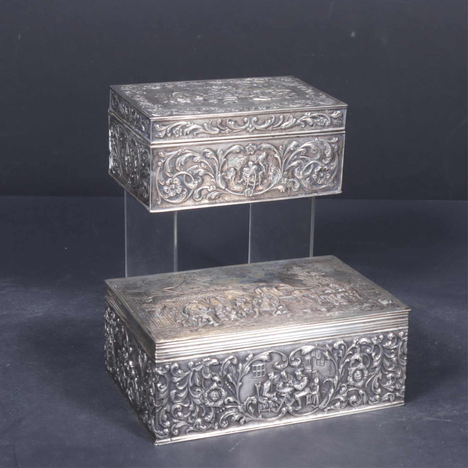 Dutch Sterling Repousse Tavern Scene Boxes: Two 20th C. Dutch sterling silver repousse trinket boxes with Tavern scenes, includes a Herman Hooijkaas, Schoonhoven, Netherlands, Dutch .830 sterling silver tavern scene along with a .833 Unknown