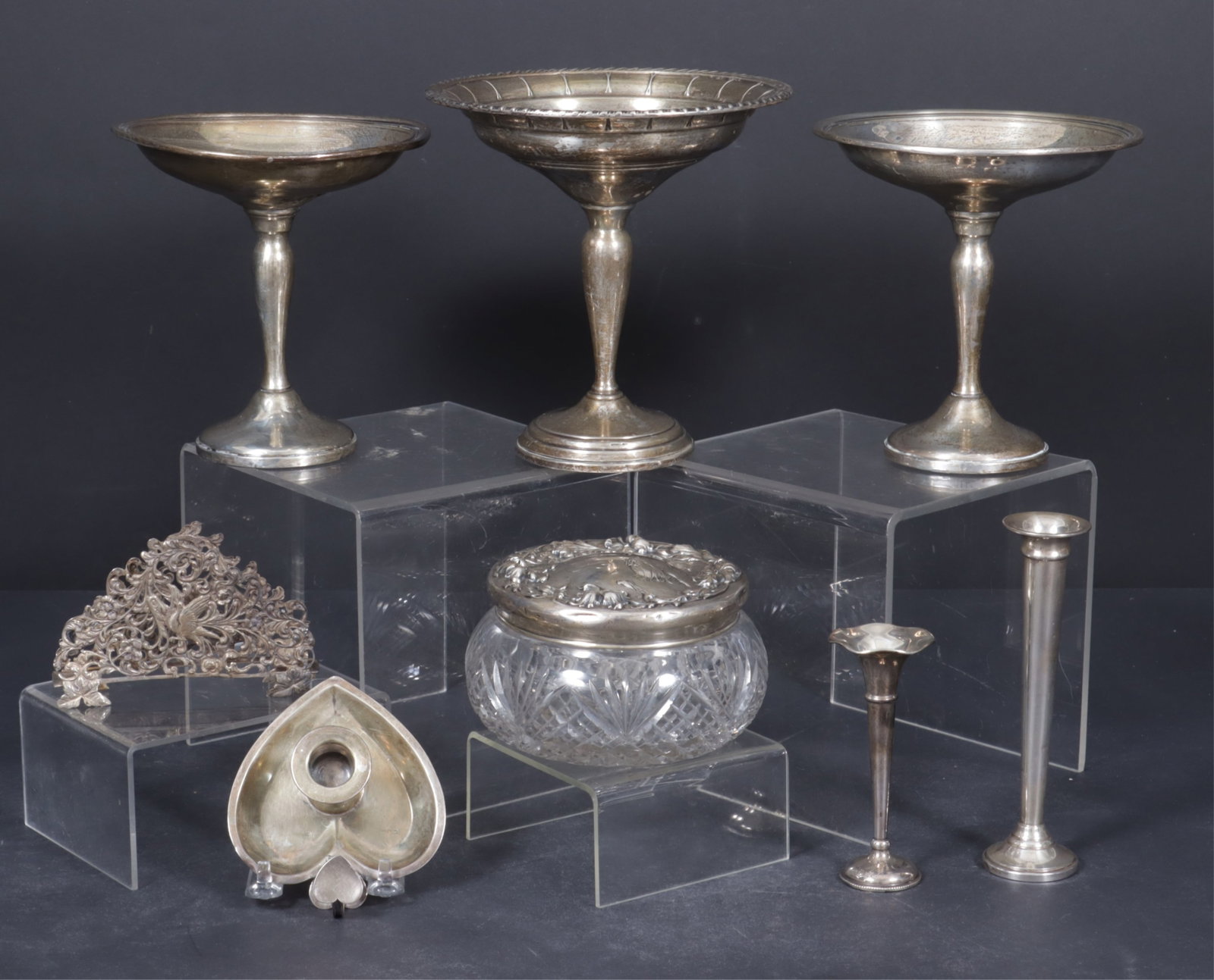 Dutch/American Sterling Tabletop Objects: Group of Dutch and American sterling silver tabletop objects, includes a Dalia C. Schoorl & Dal, Amsterdam .833 letter holder, c.1951, with aviary and floral scroll motif, along with American