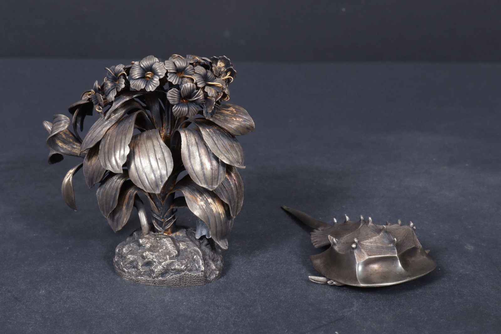 Janna Thomas De Velarde Tiffany & Co Sterling: Two pieces by Janna Thomas De Velarde for Tiffany & Co. Stylized Plant and Horseshoe Crab. Stamped Tiffany & Co Janna Sterling Mexico on bottom. Horseshoe Crab - 2.9 OZT, Stylized Plant 12.5 OZT