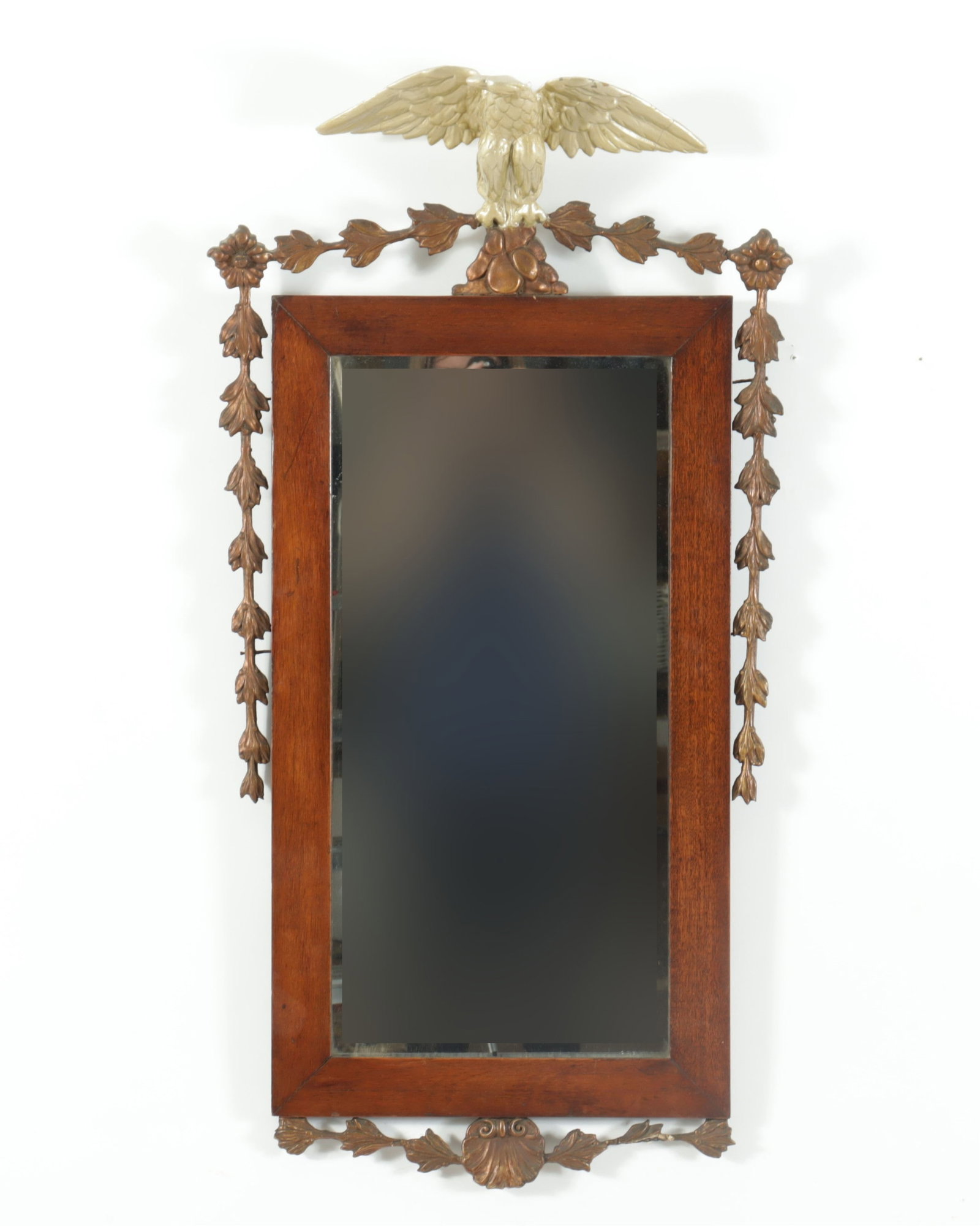 Federal Style Parcel Gilt & Mahogany Mirror: Federal Style Parcel Gilt Composition Mahogany Mirror, with eagle finial 36.5" H x 19.75" W