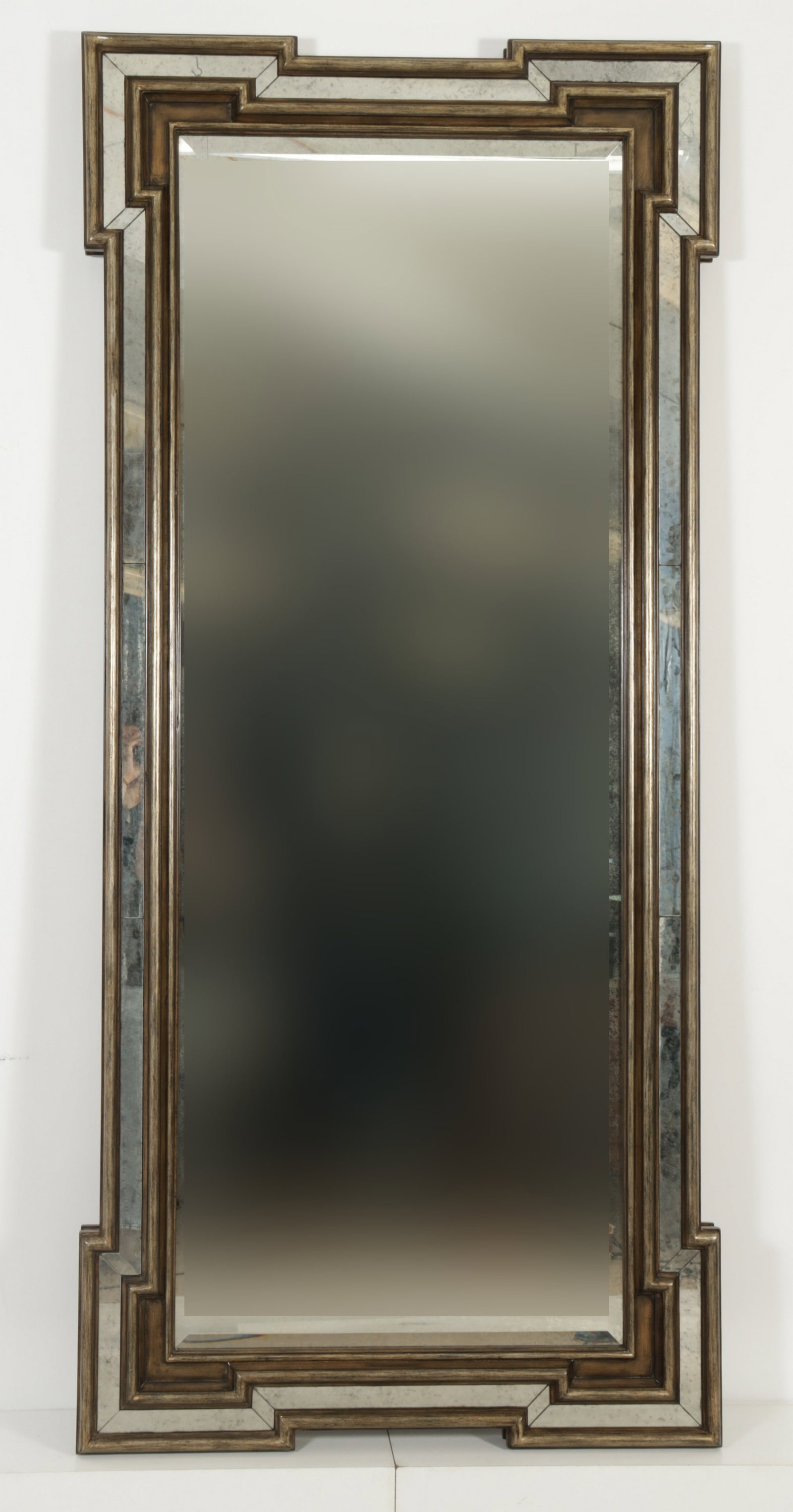 Marge Carson Rivoli Pier Mirror: Marge Carson Rivoli collection pier mirror with silvered finish and antiqued mirrored sides. 90" H x 41" W
