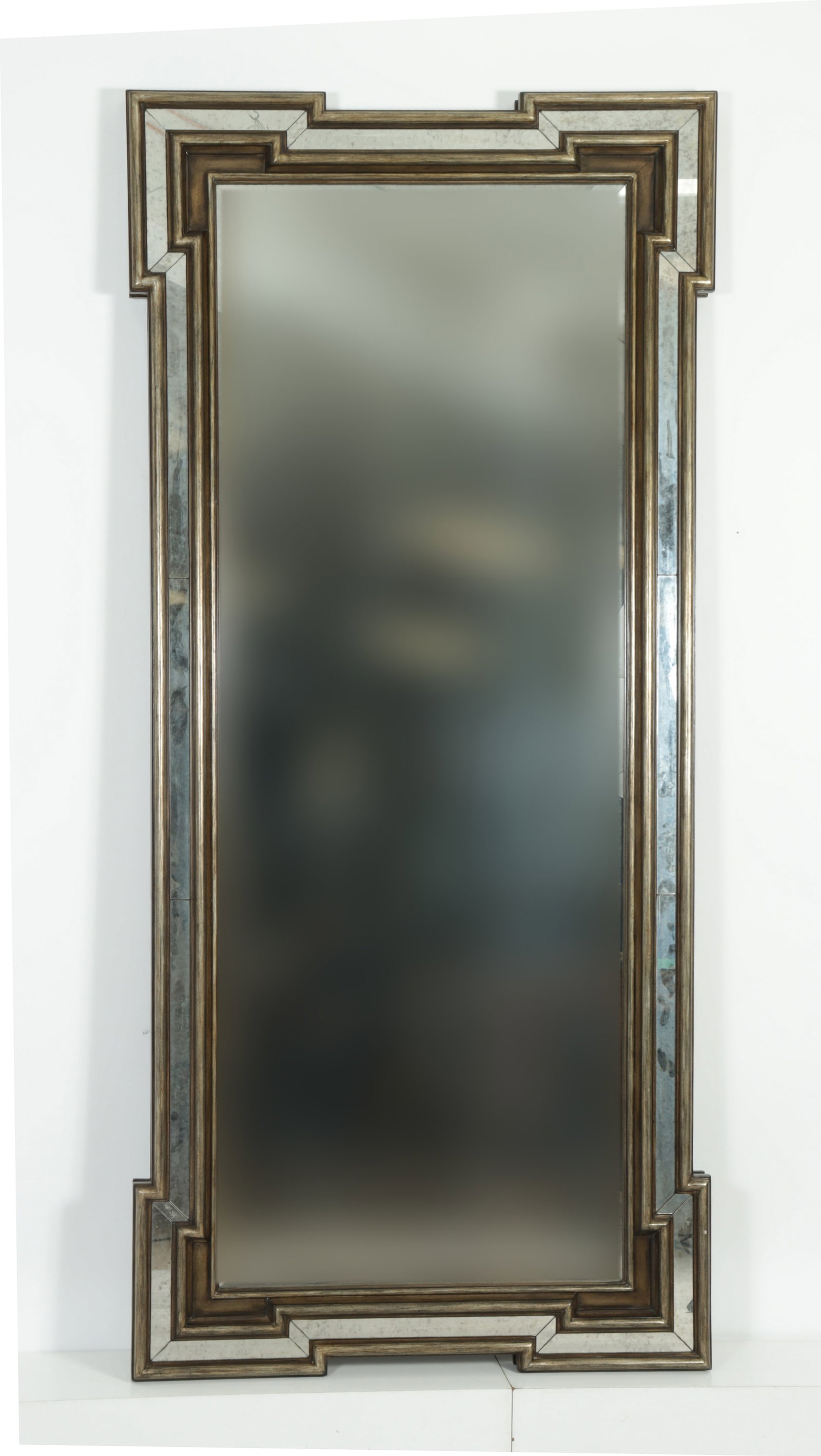Marge Carson Rivoli Pier Mirror: Marge Carson Rivoli collection pier mirror with silvered finish and antiqued mirrored sides. 90" H x 41" W