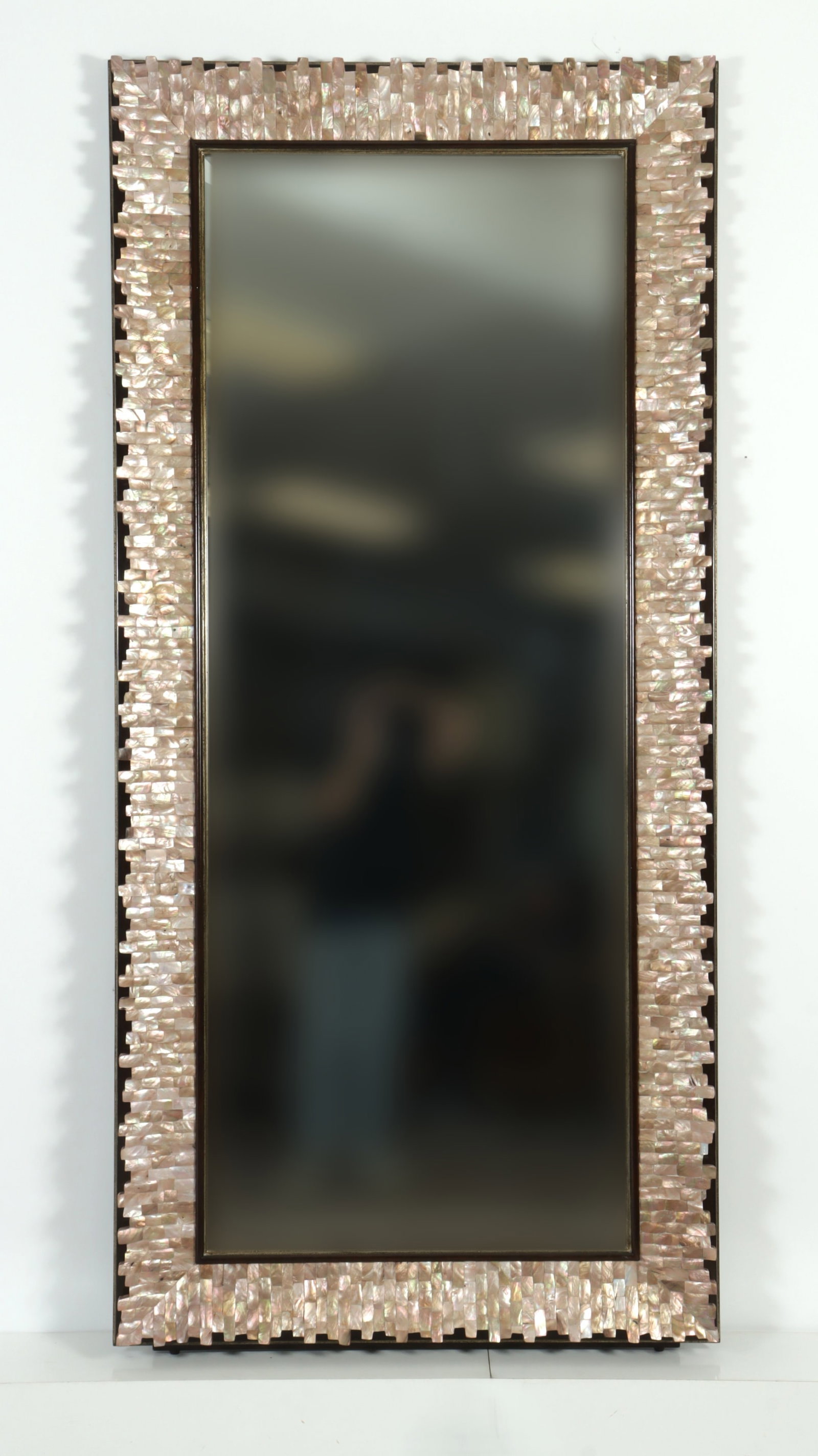 Marge Carson Sonoma Pier Mirror: Marge Carson Sonoma collection pier mirror with 'honey' textured tessellated shell frame, beveled plate. 85" H x 40" W