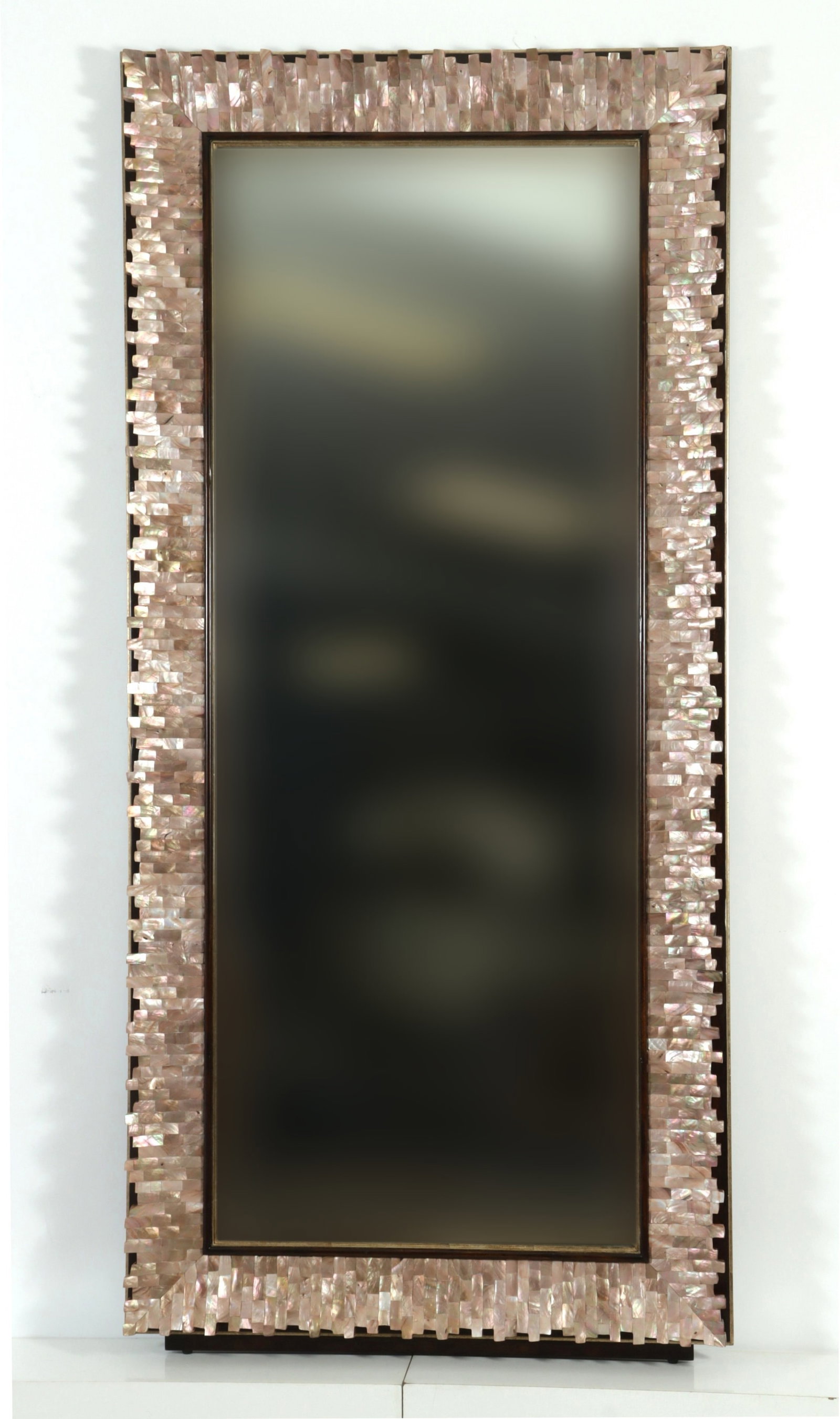 Marge Carson Sonoma Pier Mirror: Marge Carson Sonoma collection pier mirror with 'honey' textured tessellated shell frame, beveled plate. 85" H x 40" W