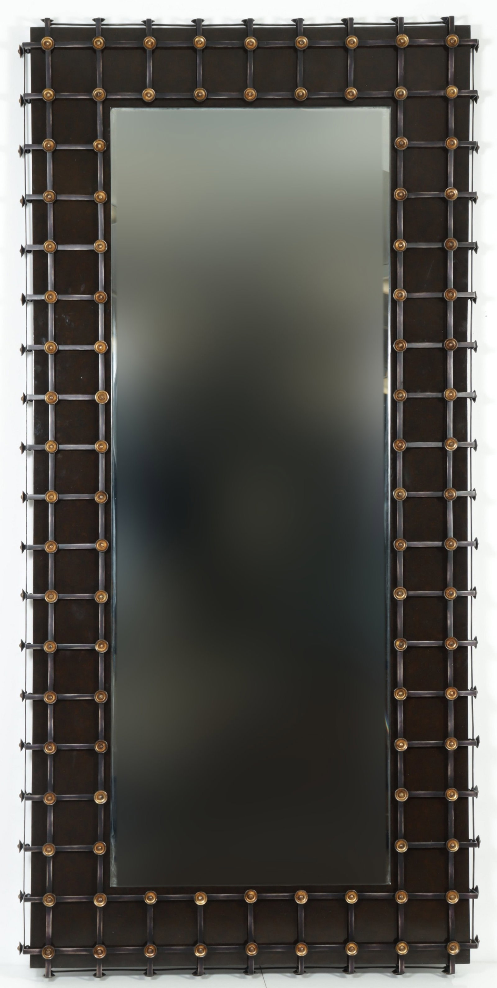 Marge Carson Cross-Channel Pier Mirror: Marge Carson Cross-Channel pier mirror with black painted metal lattice frame and beveled plate. 86" H x 41" W