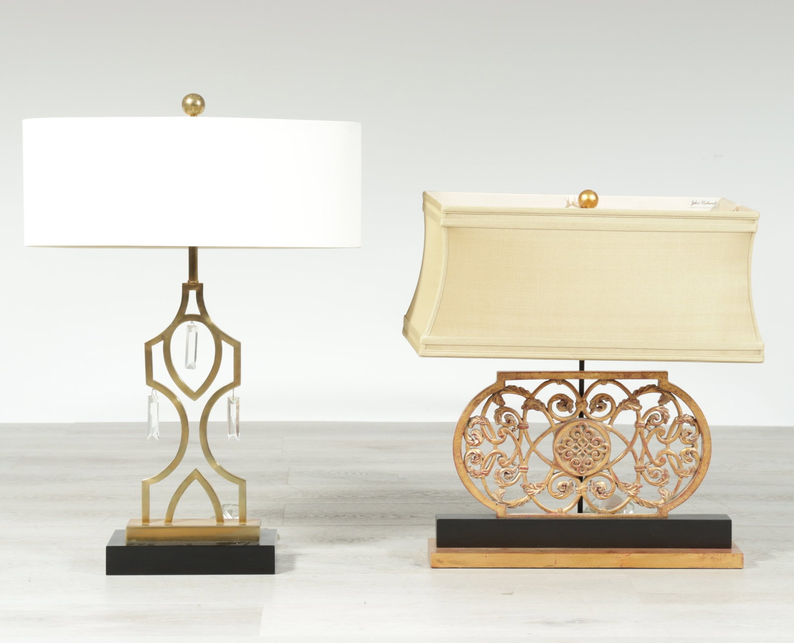 Two Modern Brass & Gold Painted Metal Lamps: Two Modern Brass & Gold Painted Metal Lamps, rectangular shade by John Richard. Larger to the finial 32" H