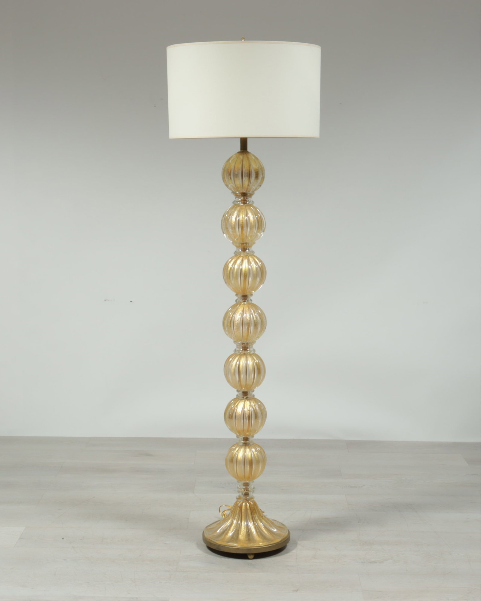 Murano Style Gilt Flecked Glass Floor Lamp: Murano style gilt flecked glass floor lamp with Laura Ashley shade. To the finial 71" H
