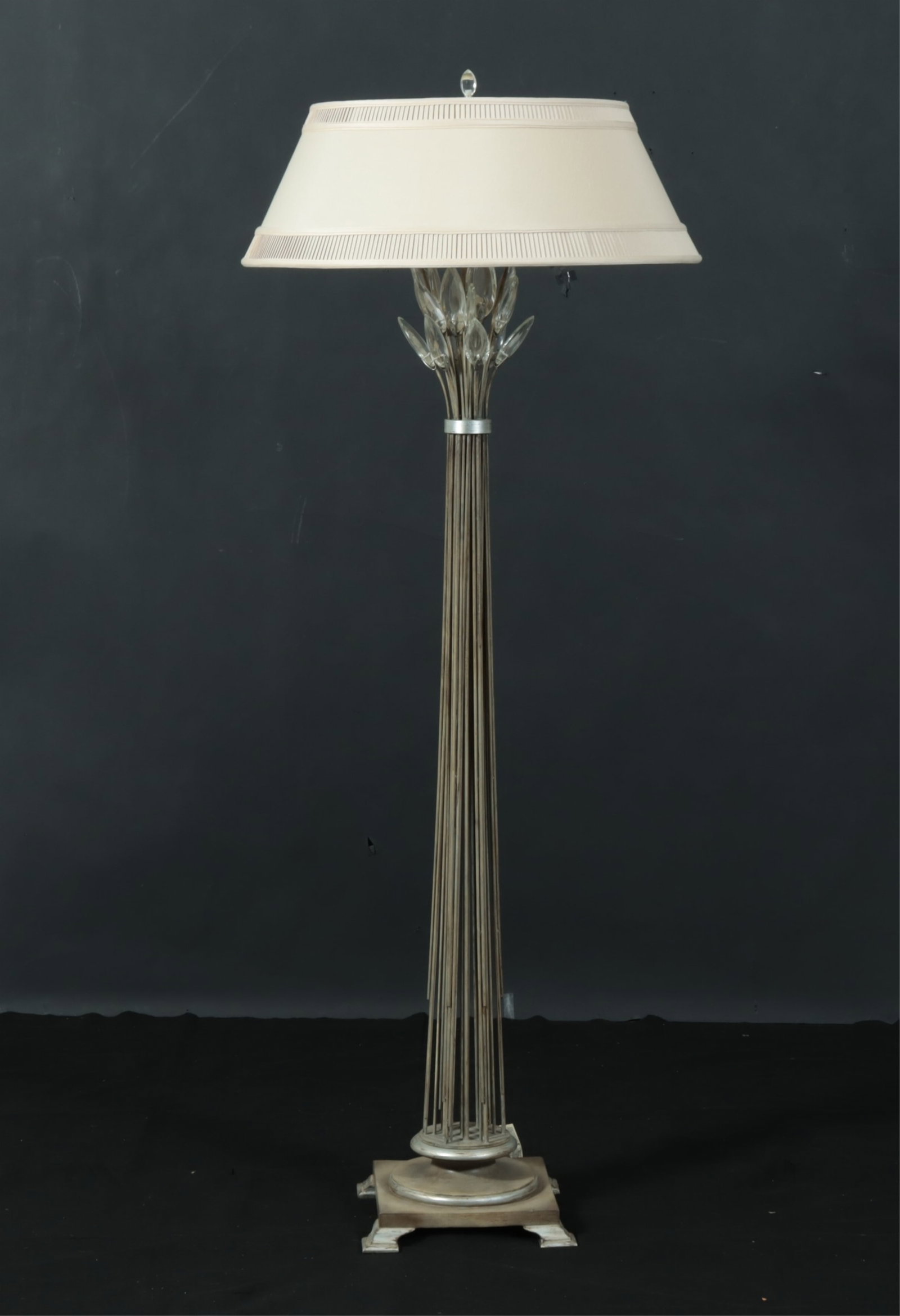 Marge Carson Floor Lamp: Marge Carson floor lamp with silvered metal body and cut crystal decoration, with a John Richard shade To the finial 68" H