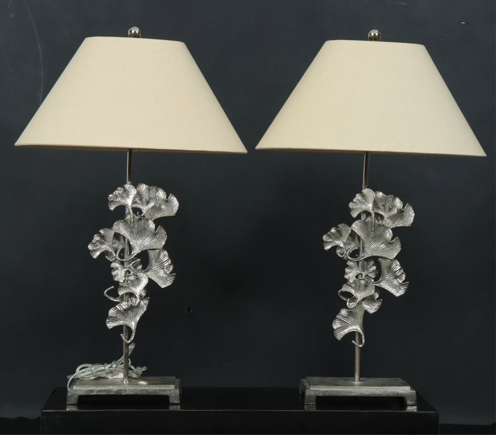 Pair Currey & Co. Ginko Leaf Lamps: Pair Currey & Co. falling ginko leaf form table lamps with John Richard shades. To the finial 34" H