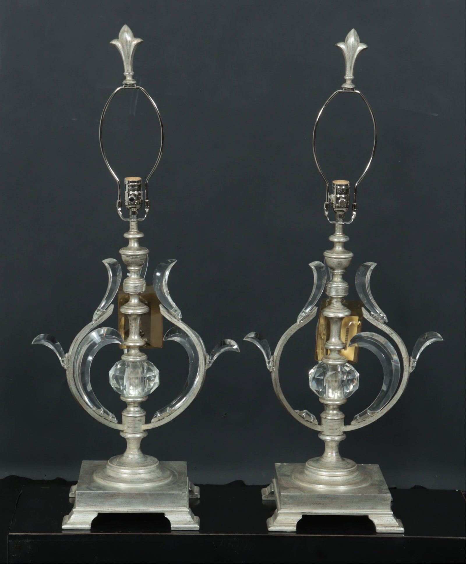 Pair Marge Carson Lamps: Pair Marge Carson silvered wood, metal and glass table lamps. To the finial 37" H