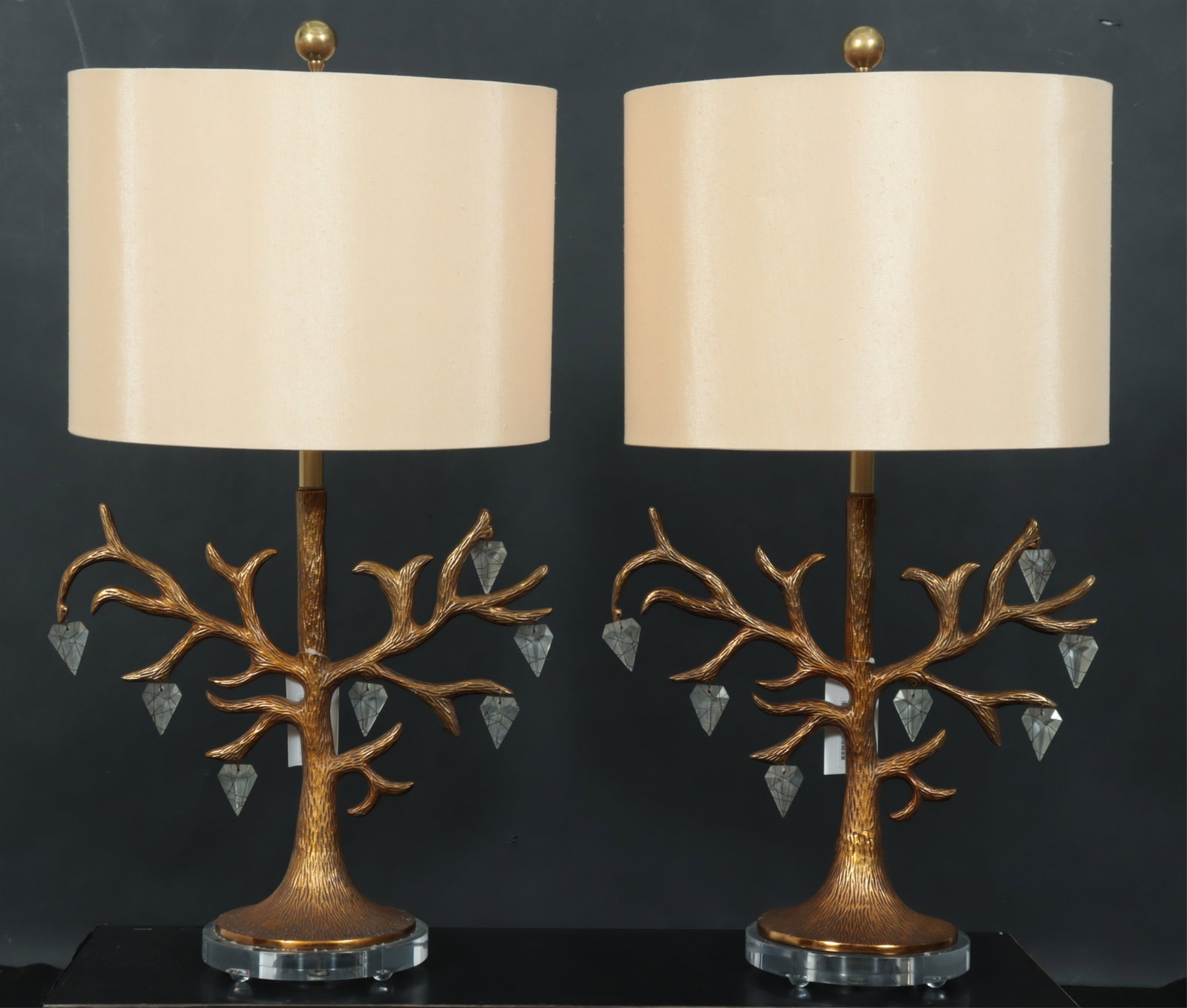 Pair Marge Carson Tree Lamps: Pair of Marge Carson patinated tree form table lamps with caged wire hanging crystals. John Richard shades. To the finial 33.5" H