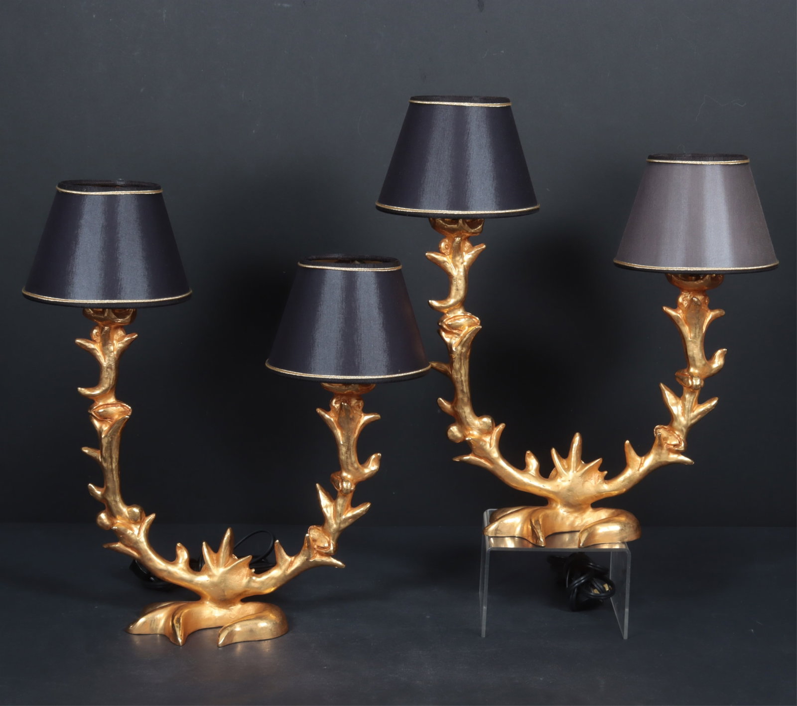 Pair George Mathias Gilt Bronze Lamps: Pair George Mathias Gilt Bronze Lamps, inscribed in casting Fondica France C.E. To the top of shade 18.75" H