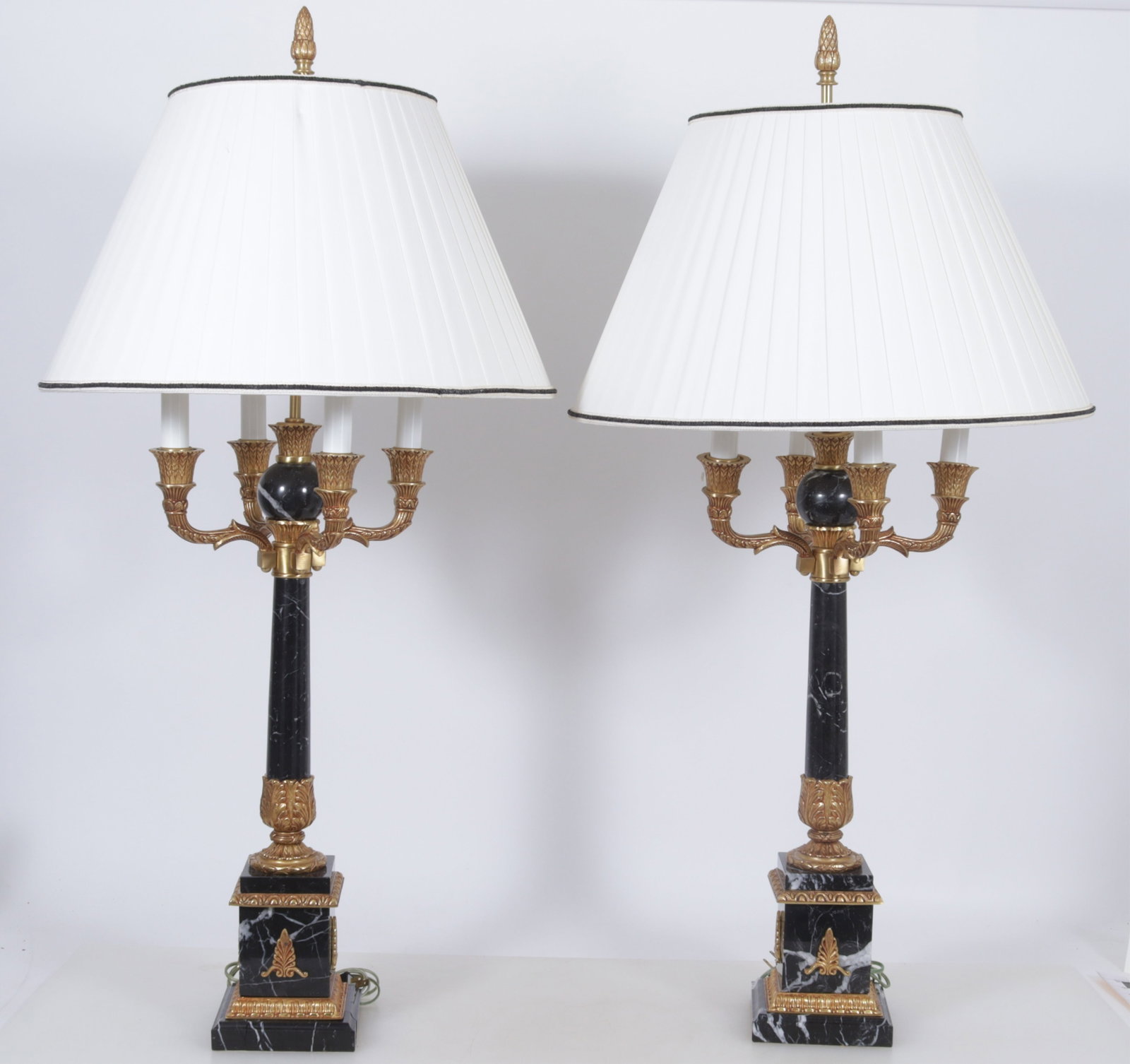 Pair Classical Style Metal & Black Marble Lamps: Pair Classical Style Metal & Black Marble Lamps To the finial 43.5"