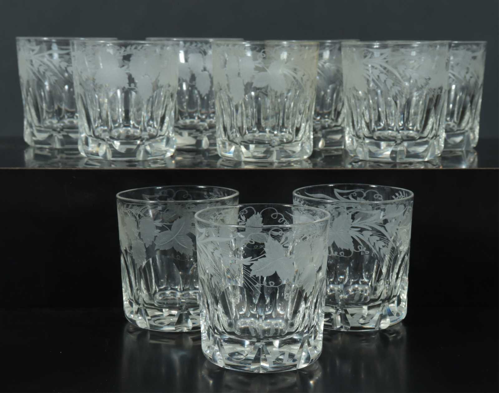 Good to the Last Drop Whiskey Glasses: Set of 10 Whiskey Tumblers. Good to the last Drop Whiskey Glasses. 19th C. Acid etched motif, circa 1870. Hangman acid etching on bottom. 3.75" H x 3.5" Dia