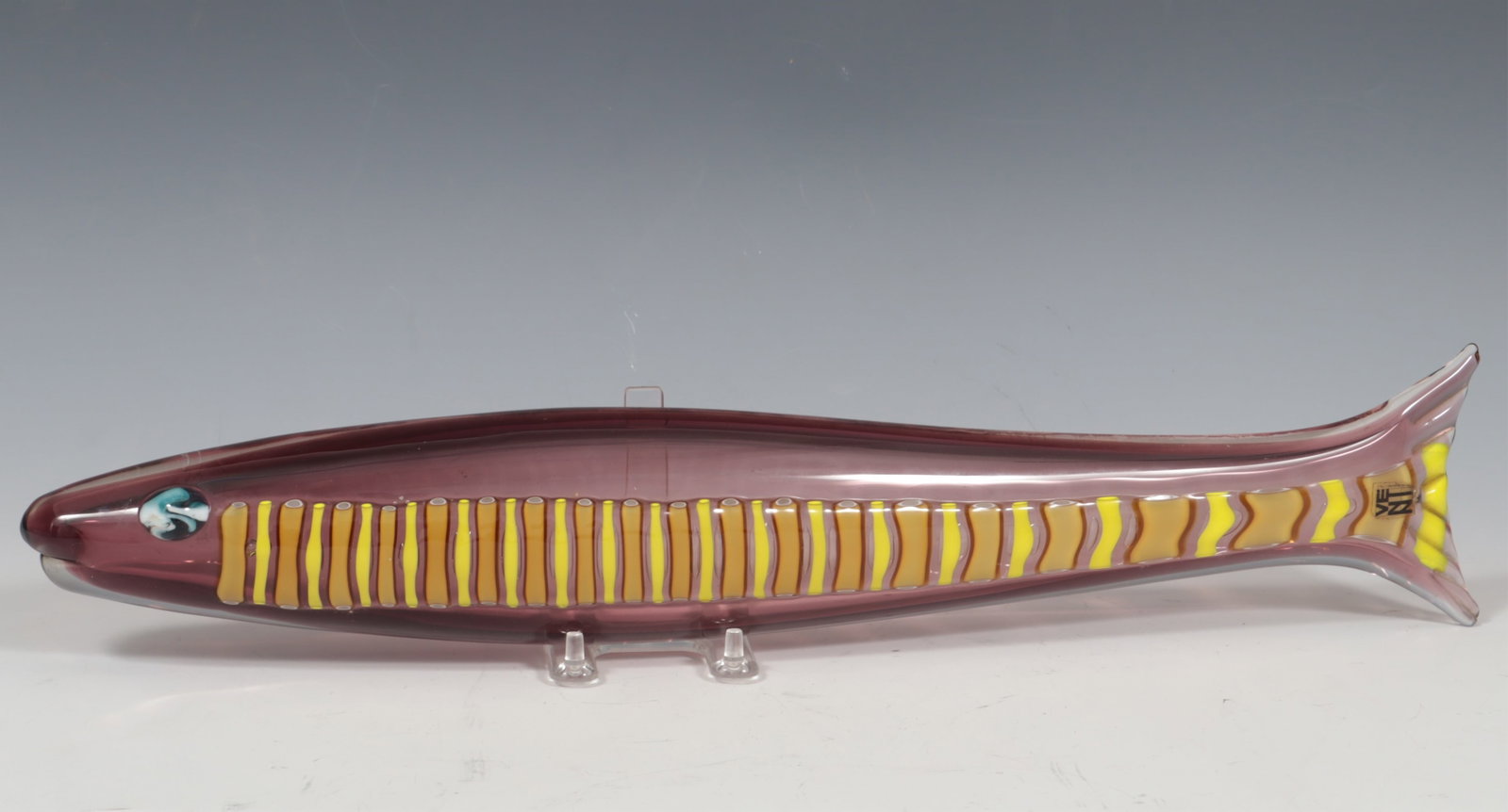 Ken Scott Art Glass Fish for Venini Italia: Ken Scott, American, 1919-1991, Fish for Venini Italia, internally decorated glass, inscribed Venini Italia, Venini sticker adhered 2.25 H x 19 W x 3.25 D