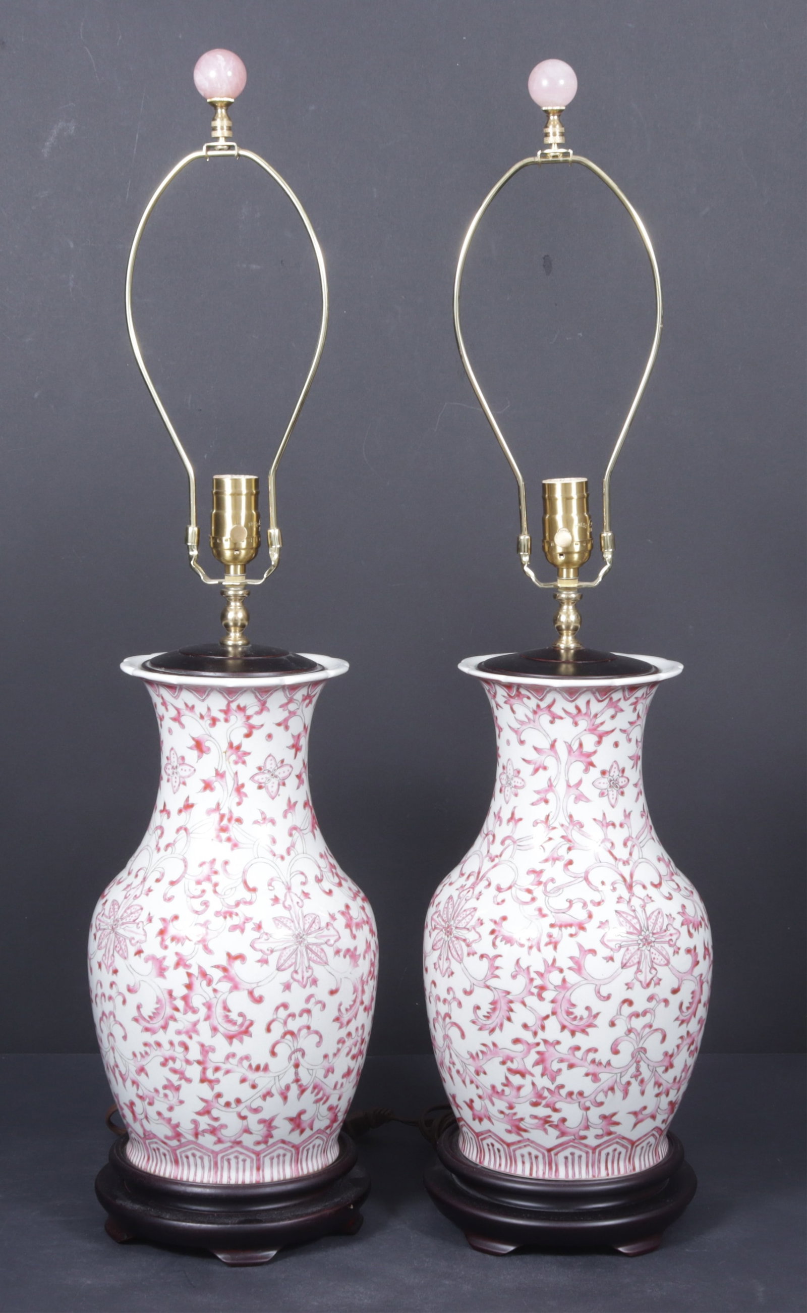 Pair Chinese Famille Rose Porcelain Lamps: Pair Chinese Famille Rose Foliate Decorated Porcelain Lamps, pink onyx finals To the finial 32" H