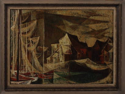 Si Lewen, Fishing Village, mid-19th C., oil on board: Si Lewen, German-Am. b. 1918, "Kew Gardens, NY Fishing Village", mid-19th century, oil on board 22" x 29"; framed 31" x 39" Please view our Terminology