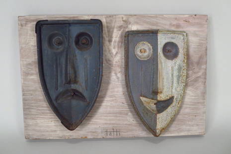 Benedict Tatti, Sculpture of Happy/Sad Faces, 20th C.: Benedict Tatti, Am. 1917-1993, Sculpture of Happy/Sad Faces, mid-20th century, metal, wood, and paint, signed on recto at bottom center in graphite 9.5" x 14.25 Please view our