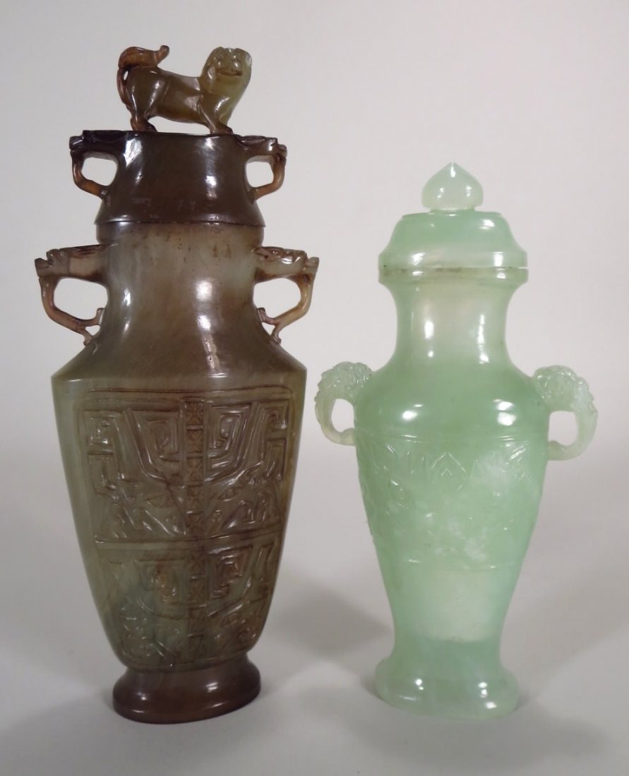 Two Chinese carved jade & serpentine covered vases, (1 of 6)