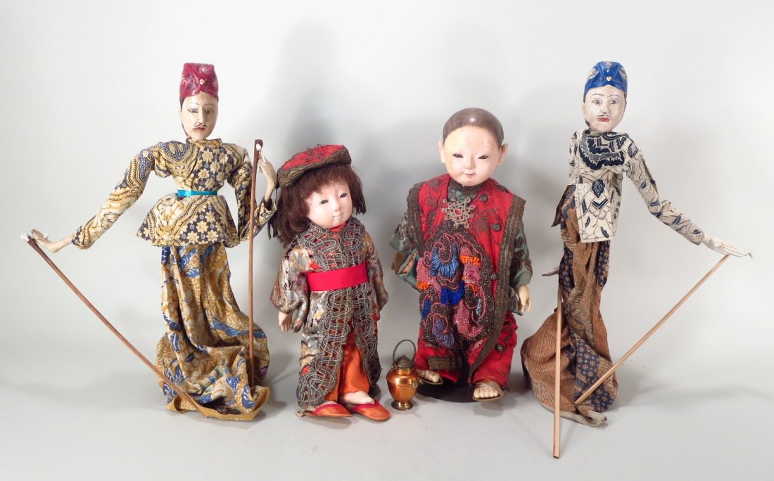 2 Persian Puppets and 2 Composition Dolls: Two Persian Puppets, late 19th/early 20th century, together with Two Composition Dolls in Chinese Costume, early 20th century (4 pcs) {AM} (SREIM6422/4) From a Private Saddle River New Jersey Collecti