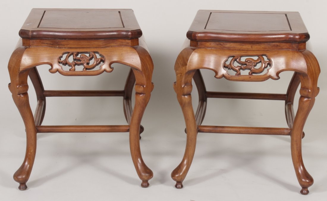 Pair of Chinese Low Tables, 20th C.: Pair of Chinese Low Tables, with Fret Work Apron, 20th C., one end flat the other rounded. (2 pcs.) {WK} (ALEXC6235/2) Measurements: 20.5 H x 18 W x 24 D Please view our