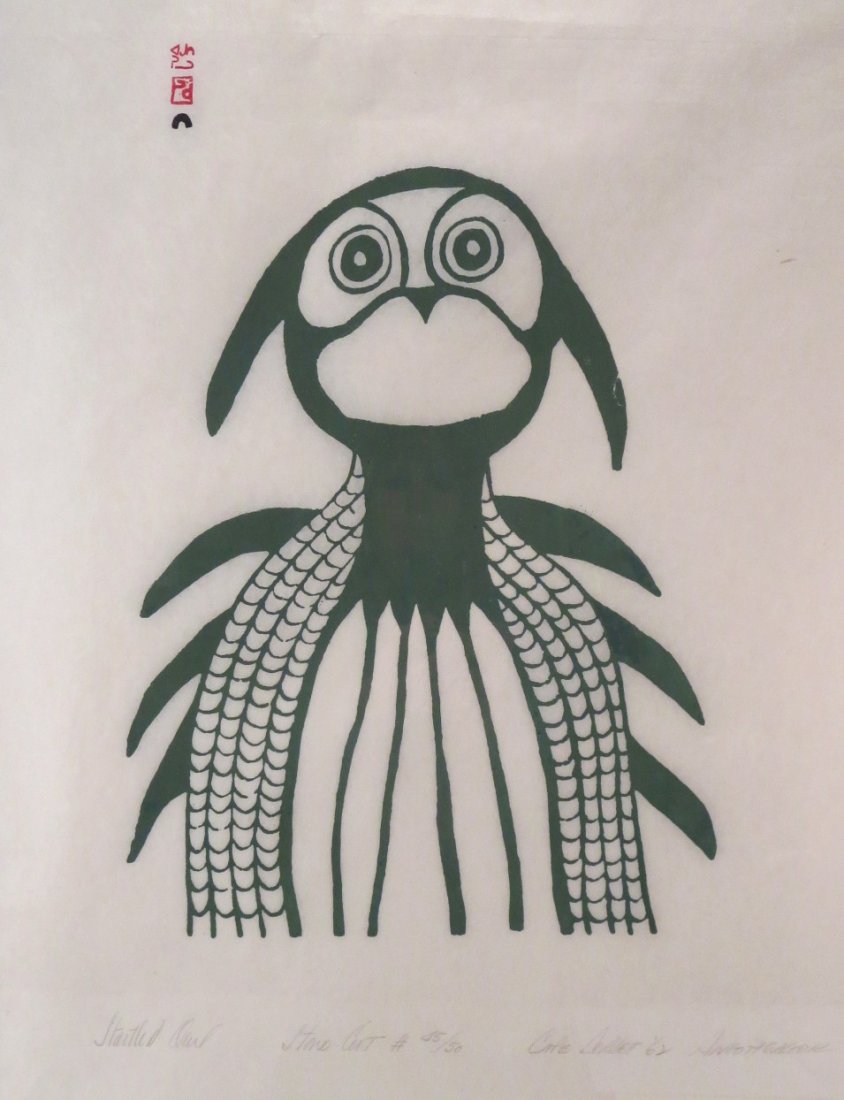 Teevee, Inuit, "Startled Owl", 1962, stonecut: Angotigolu Teevee, Inuit, 1910-1967, "Startled Owl", 1962, stonecut, 45/5, signed, dated, titled, and numbered on recto {AM} (CELA6413) Measurements: sight 22" x 16.5"; framed 32.5" x 26.5" Please vie