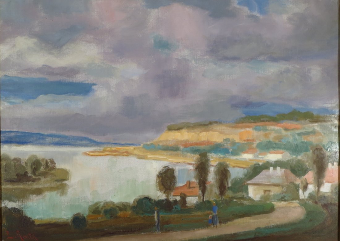 European School, 20th C., Village above Bay, O/C (1 of 6)