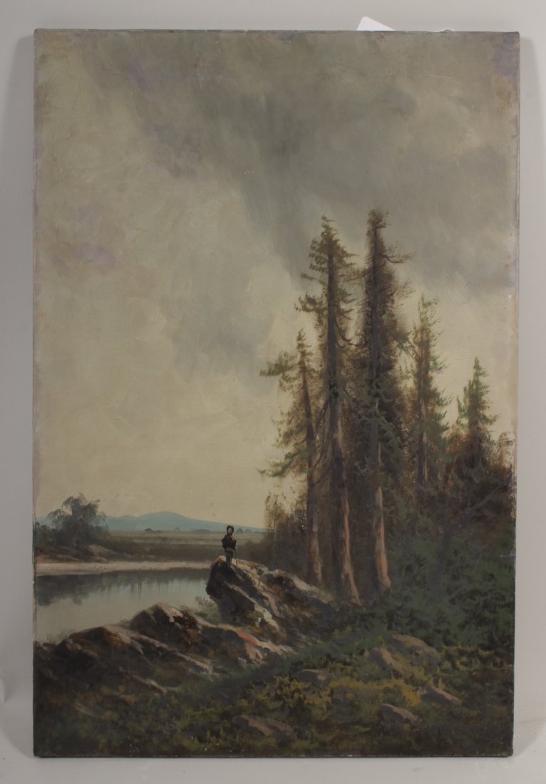 W.W. Armstrong, California Scene, O/C: William Weaver (WW) Armstrong, American, 1862-1906, Riverside Forest with Figure, oil on canvas, signed lower right. {TC} (KENT6002) Property from a Private Kent Collection Measurements: 30 x 20, unfr