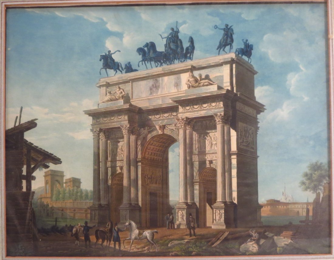 Giovanni Migliara, Arco dell Pace, 19th c, engr.: Giovanni Migliara, Italian, 1785-1837, Arco dell Pace, Milan with the Arena in the Background, 19th century, copper engraving with gum arabic for added texture {AM} (MANDS6406) Measurements: 14.75" 18