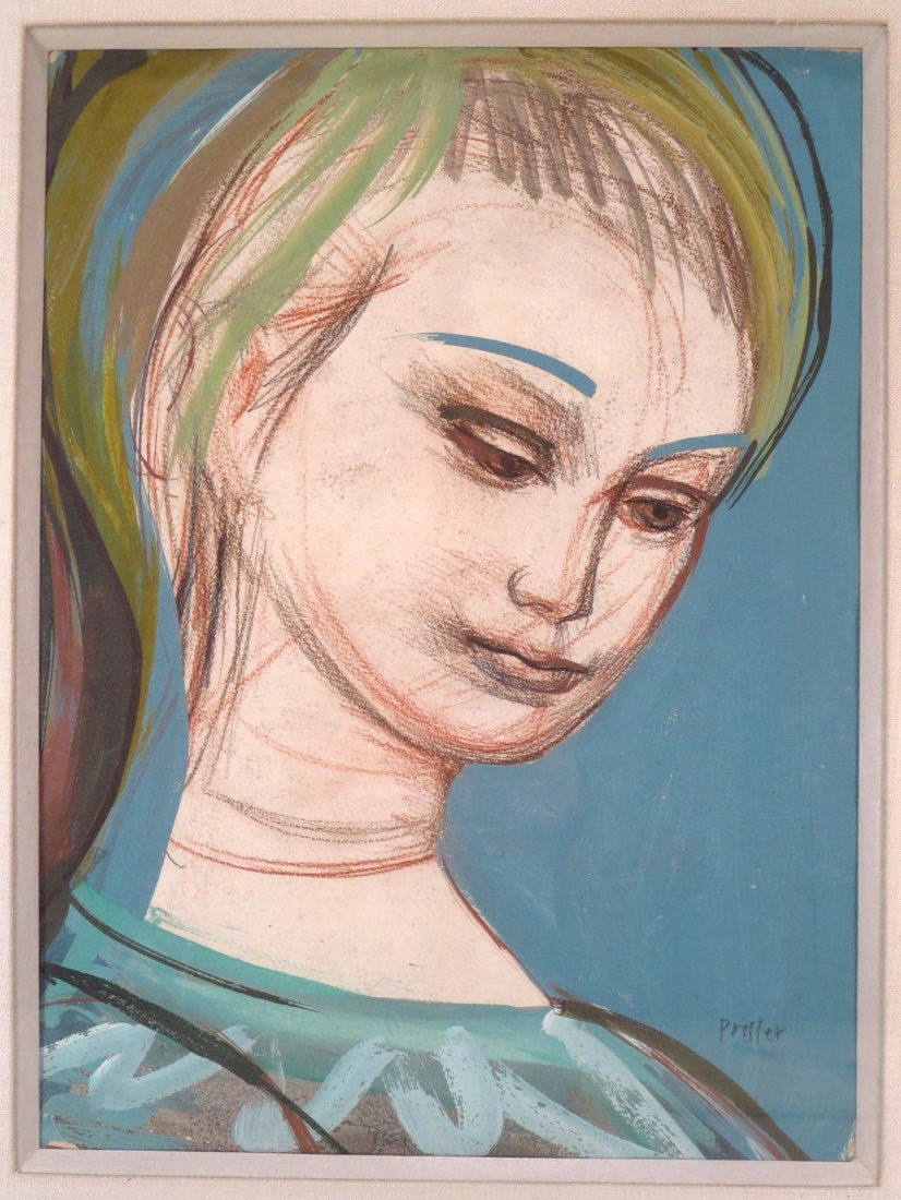 Josef Presser, Head of a Young Girl, 20th c: Josef Presser, Head of a Young Girl, 20th century, oil and crayon on paper, signed on recto at lower right {AM} (MUSS6441) Measurements: sight 14.5" x 10.5"; framed 22" x 17.5" Please view our