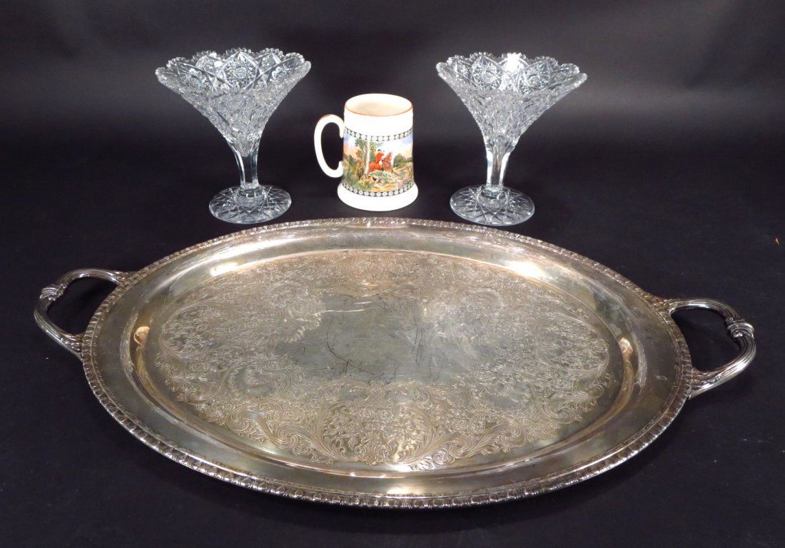 Decorative Objects, English/American, 19th/20th c: Group of Decorative Objects, English/American, 19th/20th century, comprising of a pair of cut glass compotes, an English transferware mug and a silver plate tray (4 pcs) {PR} (SNAP6302/4) Measurements