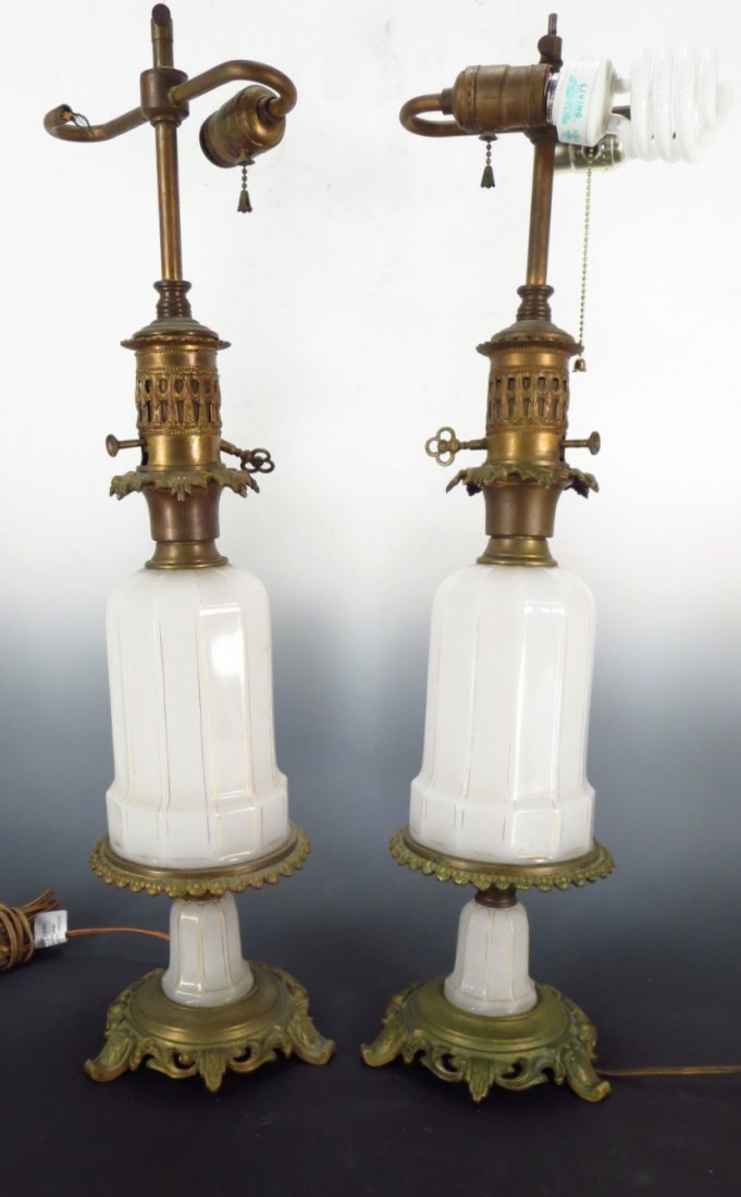 Pr Milk Glass Lamps, first quarter 20th c (1 of 5)