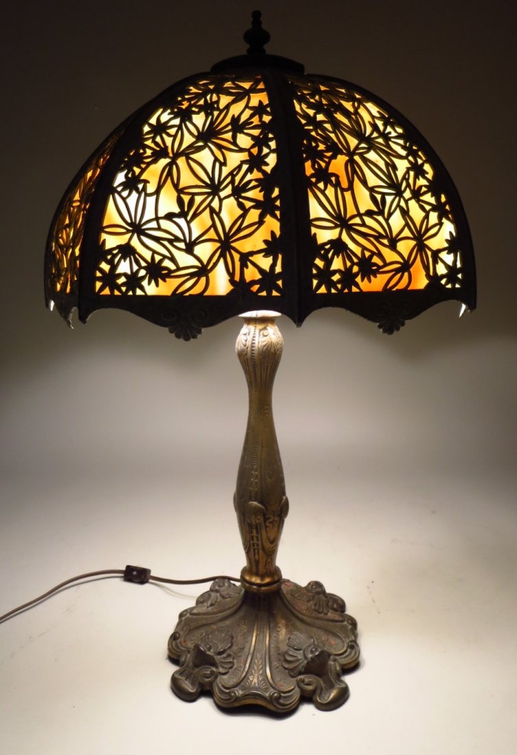 Art Nouveau Bronze Table Lamp, Slag Glass Shade (1 of 6)