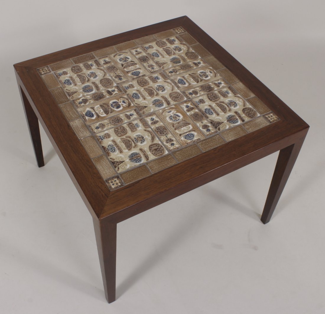 Rosewood Side Table with Inset Art Tile Top, 20th C. (1 of 5)