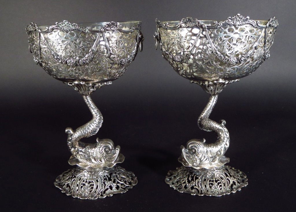 Pr. Rococo-Style Dolphin Stemmed Silver Compotes (1 of 8)