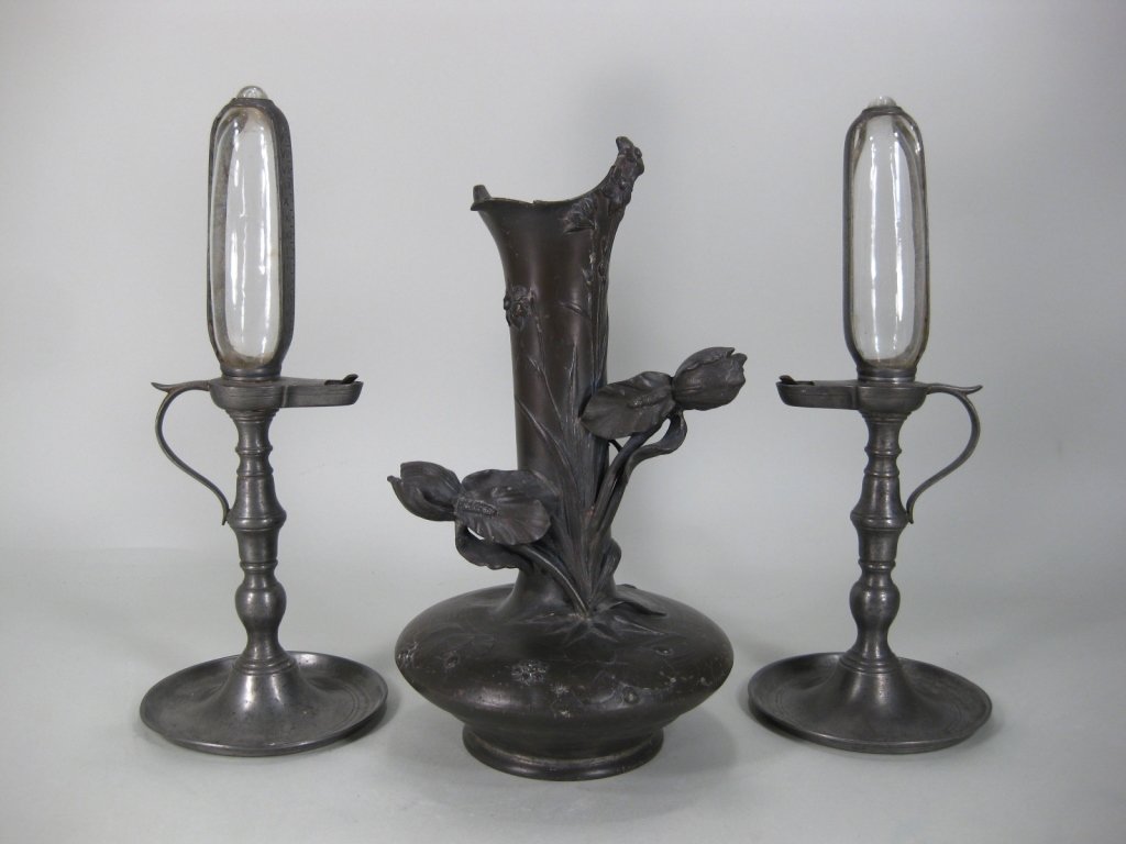 Art Nouveau Pewter Vase and Lamps, 19th C. (1 of 7)
