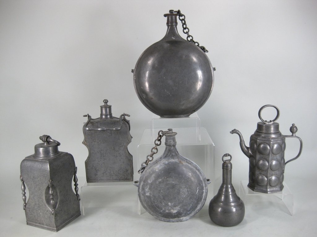 Group of 6 Pewter Pieces: Flasks etc.  19th C. (1 of 9)