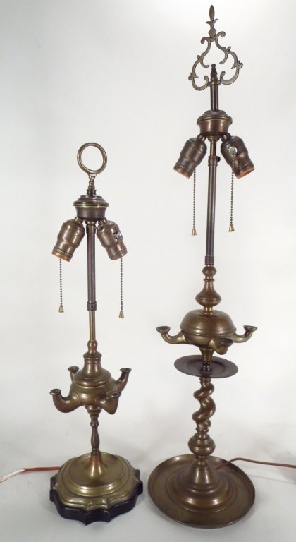 2 Bronze Table Lamps of Oil Lamp Form, late 19th C (1 of 5)