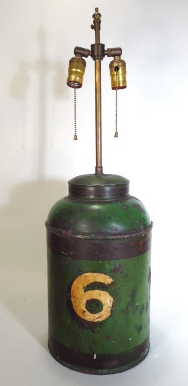 Green Tole Canister Fitted as a Lamp, 19th C. (1 of 5)
