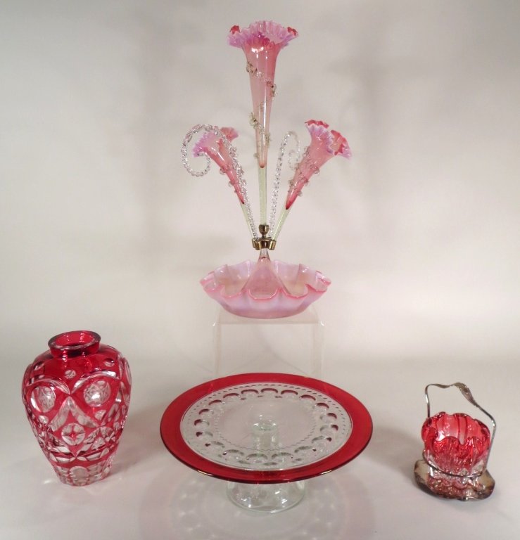 4 Pcs.Cranberry Glass: Epergne, Vase, Stand, Dish (1 of 6)