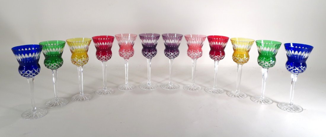 Twelve Colored Cut to Clear Glass Wines: Twelve Colored Cut to Clear Glass Wine Glasses, pomegranate-shaped bowl on stall stem. ( 12 pcs.) (FLORA72109/12) {WK} Dimensions:8.5 H Condition:In good condition. Property from a Chestnut Hill, MA e