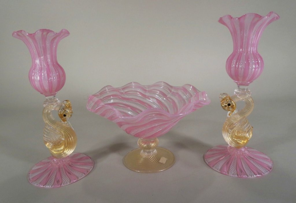 Venetian Latticino Bowl and Pair of Candlesticks (1 of 7)